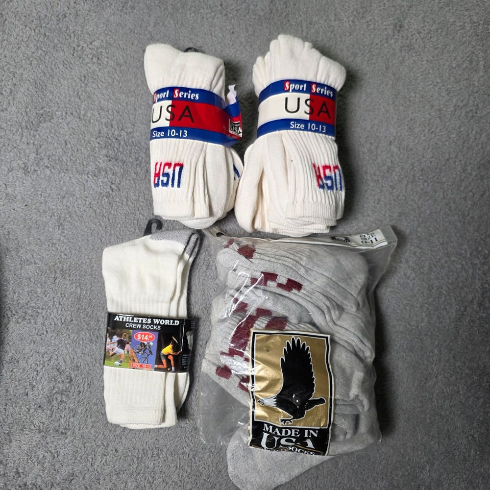 Mixed Brand Mens 9-13 Crew Socks White Grey USA Sport Series Vintage 4-Pack